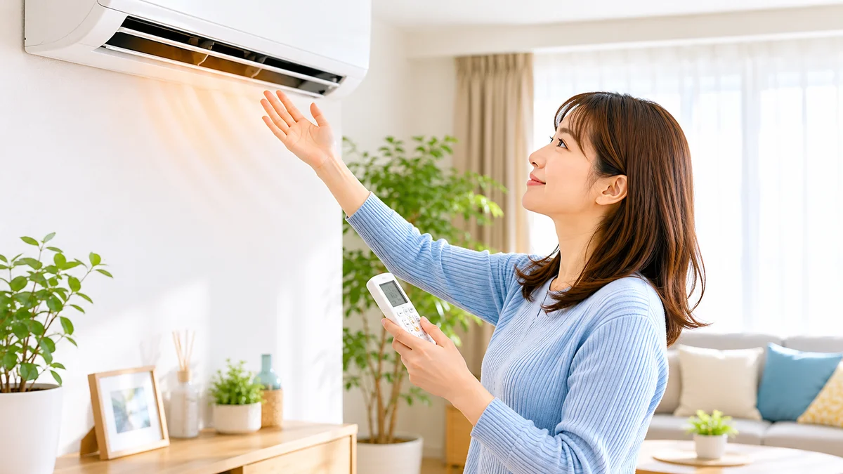 リモコンを手に持ちエアコンの温度を確認している人