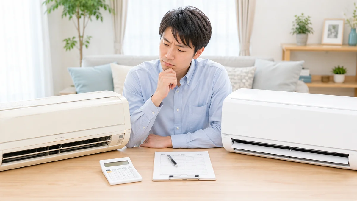 電卓と見積書を前に古いエアコンと新しいエアコンを比較検討