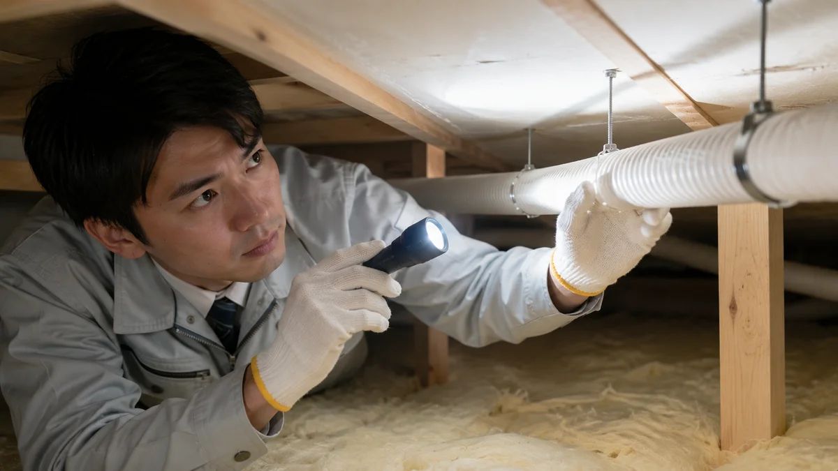 天井裏のドレン配管を懐中電灯で照らして勾配を確認する技術者