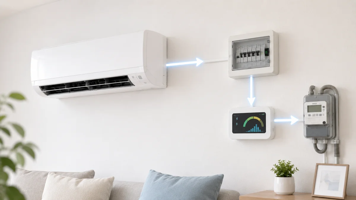 エアコンと電力メーターが並び電気の流れを示すイメージ