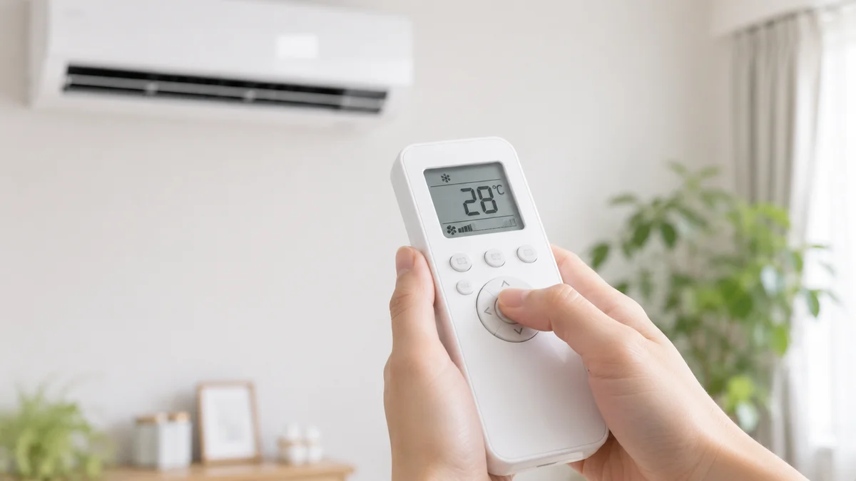 エアコンの設定温度を28度に調整するリモコン操作の手元