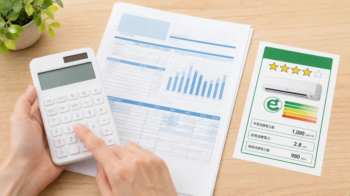 電卓と電気料金の明細書とエアコンの消費電力ラベルが並ぶデスク