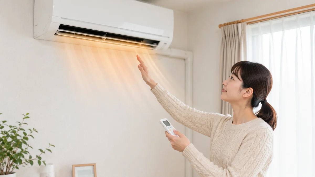 エアコンの温風を手で確認するセーター姿の人