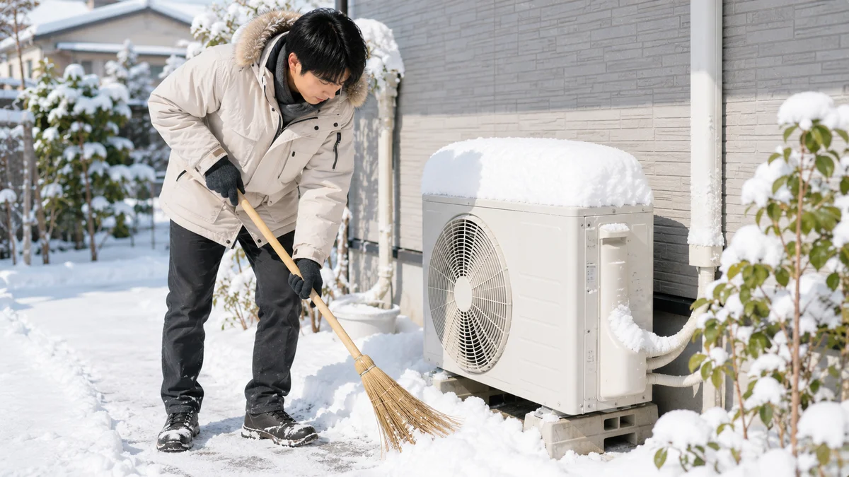 冬の屋外で室外機の周りの雪を掃除している人