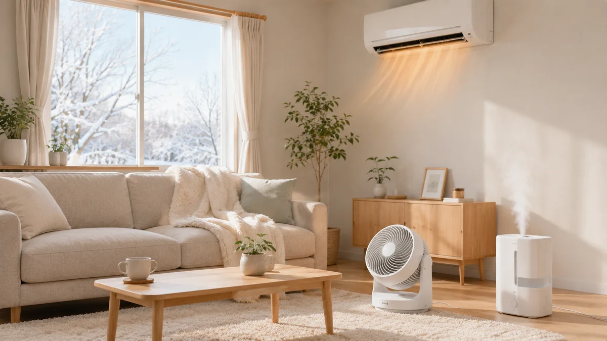 サーキュレーターと加湿器を併用したエアコン暖房のリビング