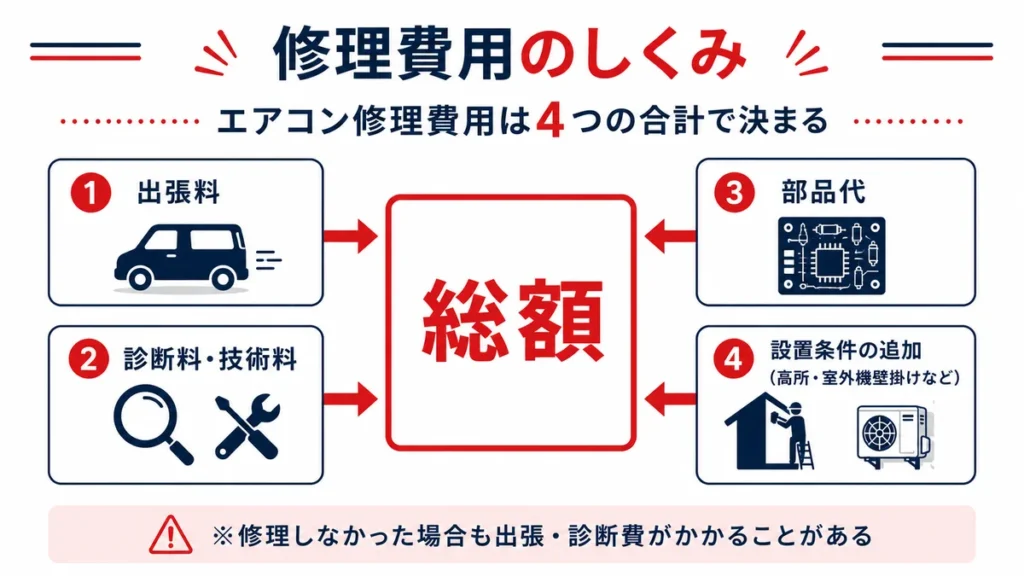 エアコン修理費用が出張料・診断料・部品代・設置条件の4つの合計で決まることを示した図解