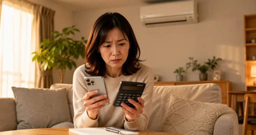エアコンの修理費用をスマホと電卓で調べて不安そうな女性（記事アイキャッチ）