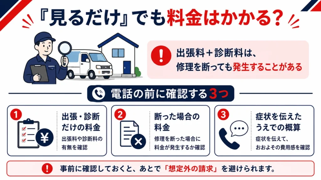 エアコンの見積もりだけでも出張料や診断料がかかることを示した図解