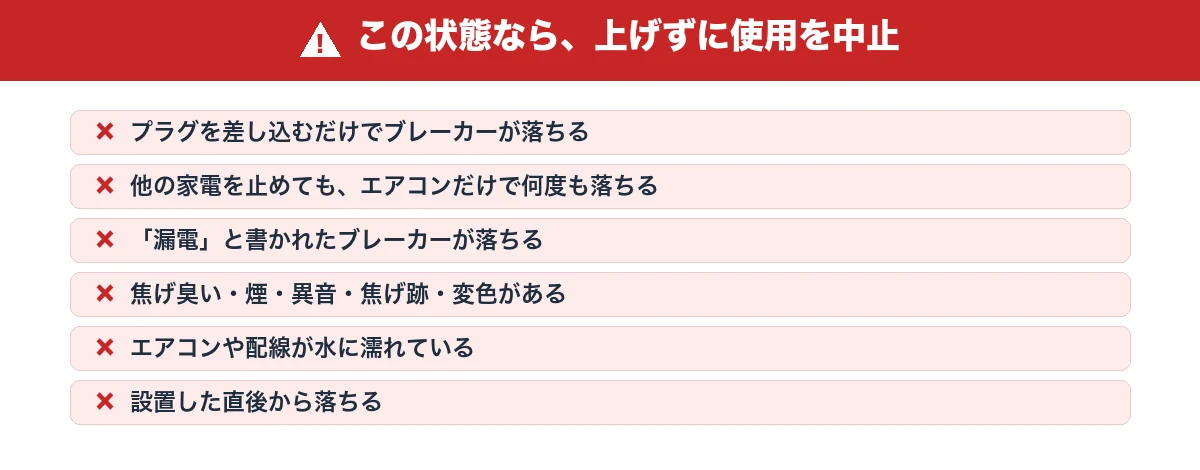 エアコンの使用を中止して相談すべき危険サインの一覧図