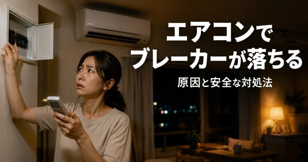 夜のリビングでエアコンのリモコンを持ち分電盤を見て不安そうな女性。エアコンでブレーカーが落ちるイメージ