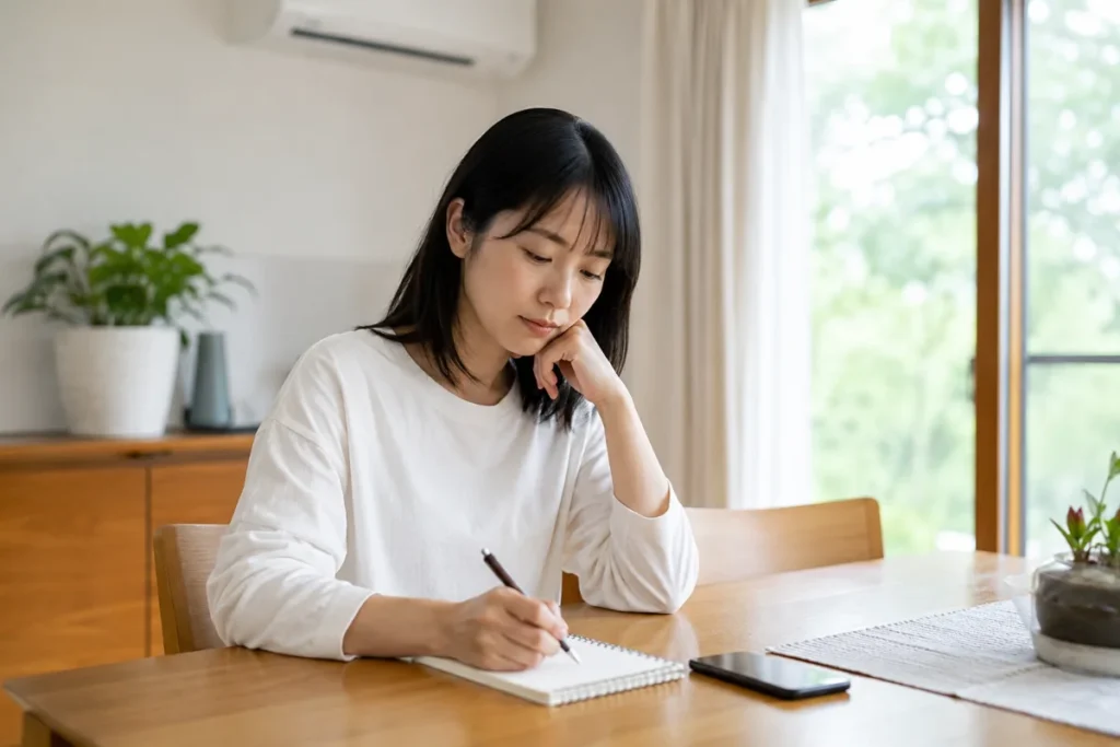 テーブルでメモ帳にエアコンの型番や症状を書き留めて、修理か買い替えかを考える女性