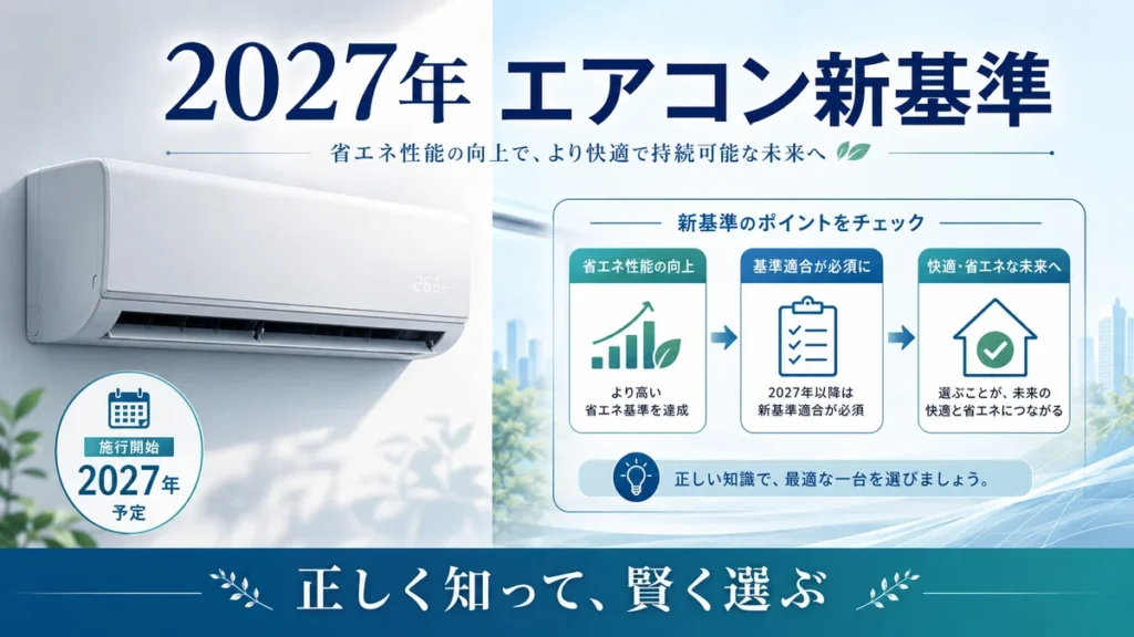 2027年エアコン新基準の概要を示すインフォグラフィック。エアコン本体と省エネ基準チェックリストのイラスト