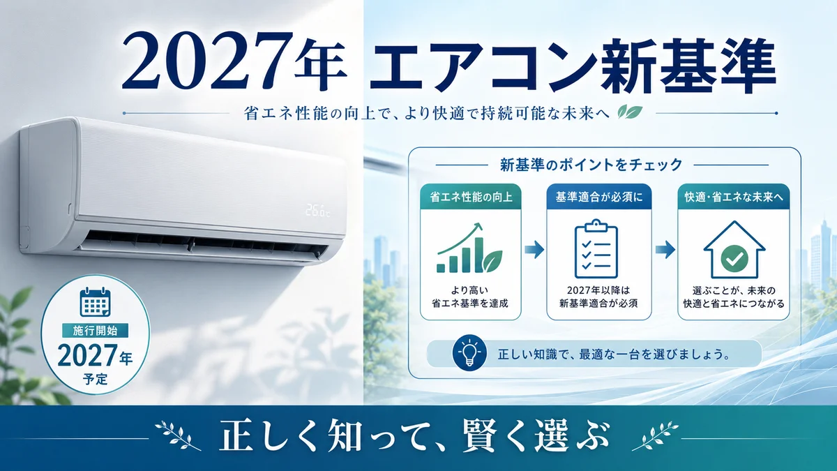 2027年エアコン新基準の概要を示すインフォグラフィック。エアコン本体と省エネ基準チェックリストのイラスト