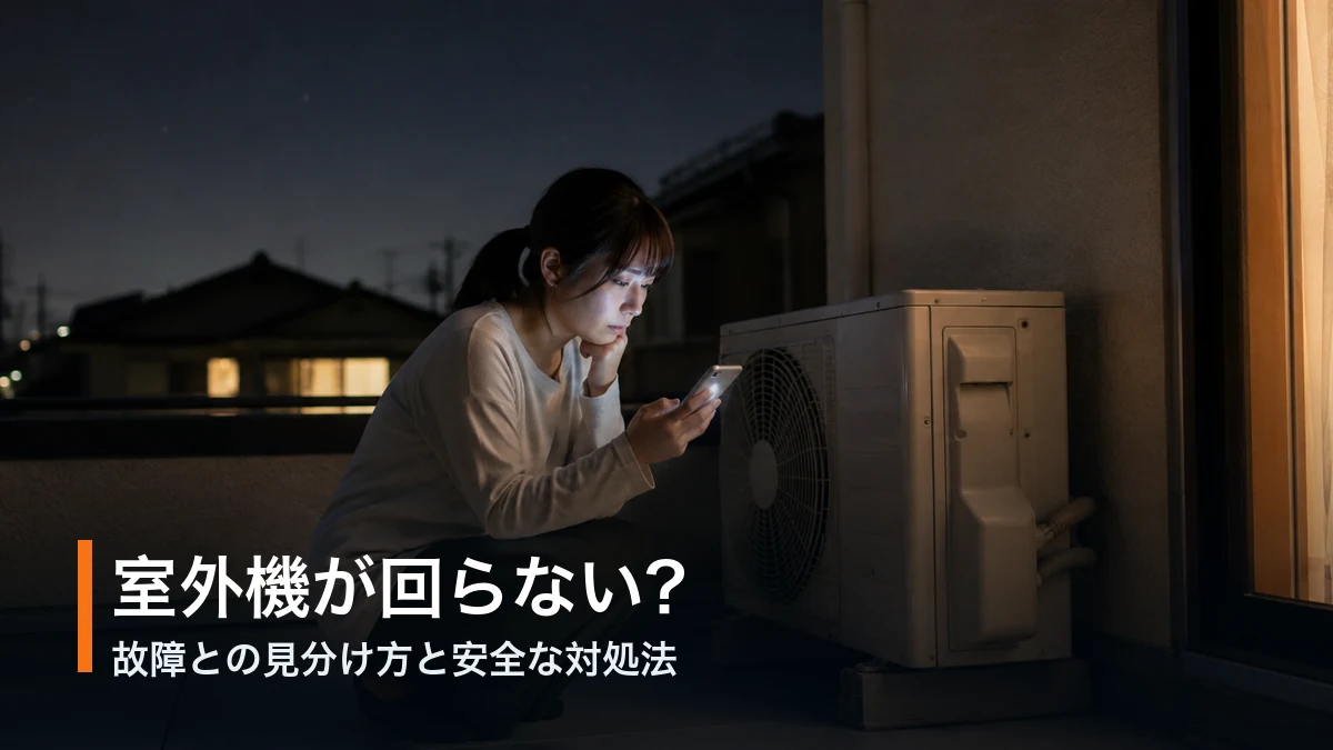 夜に屋外で動かないエアコン室外機をスマートフォンで調べる女性。故障との見分け方を解説する記事のアイキャッチ