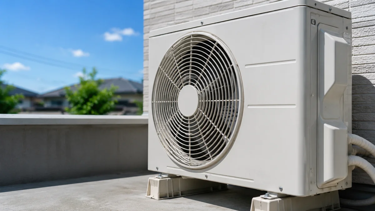 夏の住宅でファンが止まっているエアコン室外機のクローズアップ