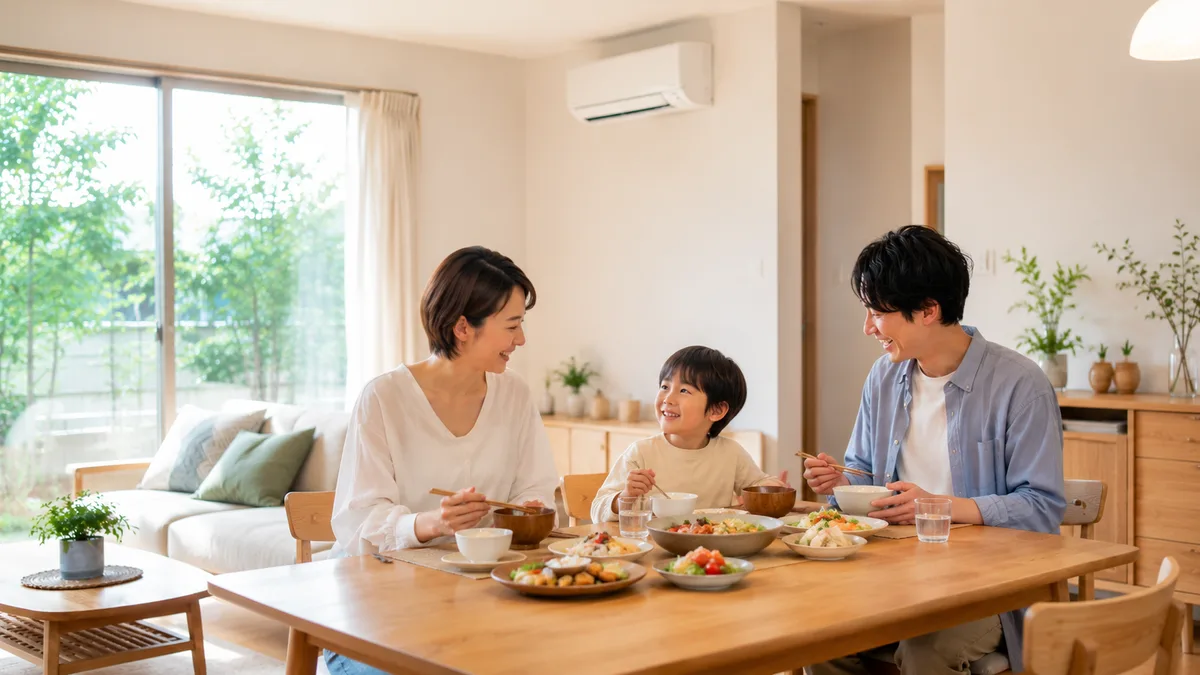 10畳のリビングダイニングで家族が笑顔で食卓を囲む様子｜10畳用エアコン選びのまとめ