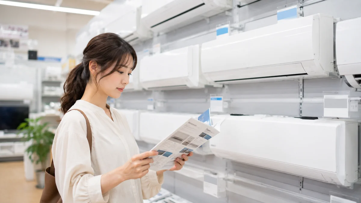家電量販店で6畳用エアコンのカタログを見比べる女性