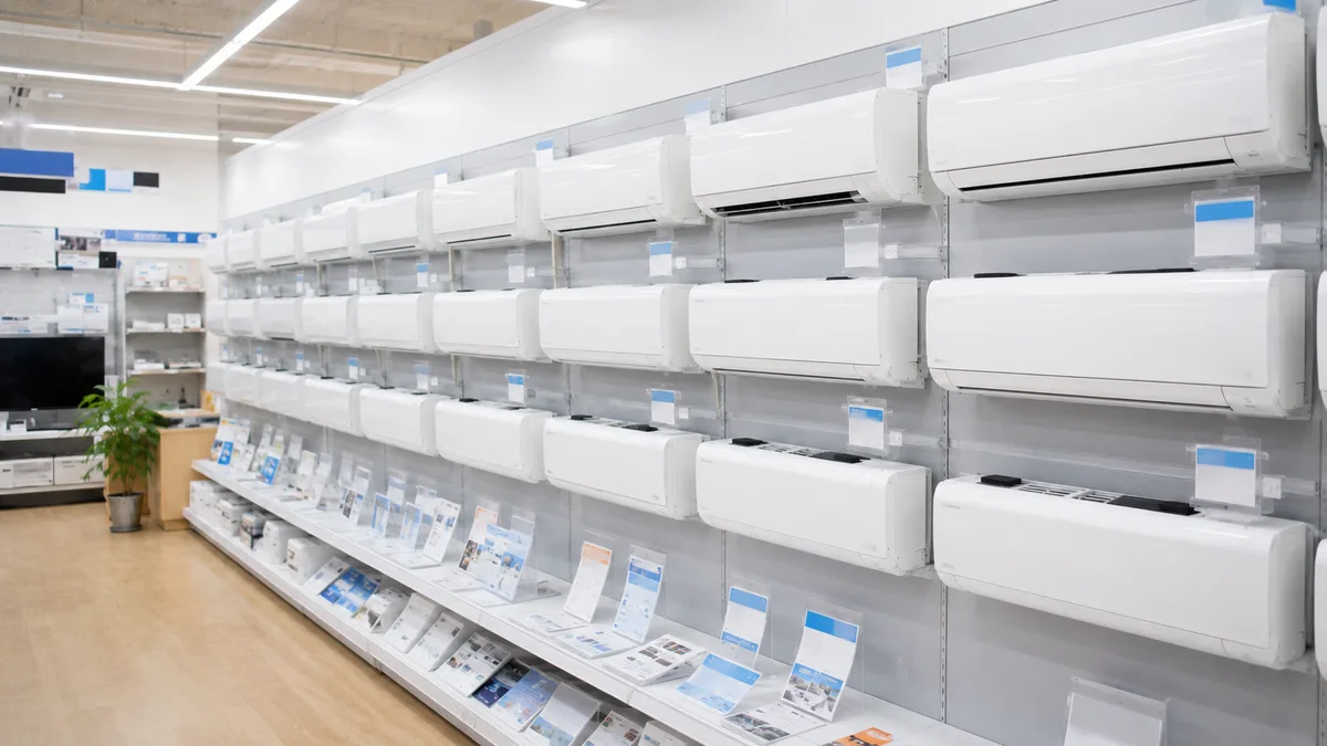 家電量販店で複数メーカーの壁掛けエアコンが並ぶ売り場