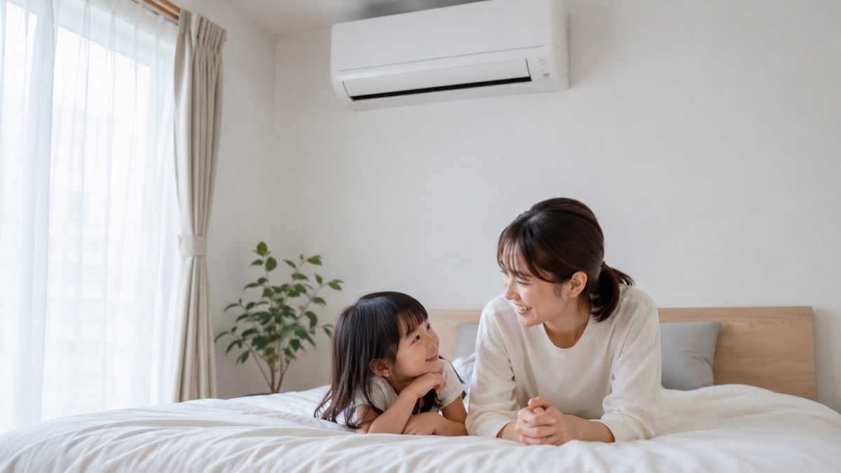 6畳の寝室で新しいエアコンのもと親子が笑顔でくつろぐ様子
