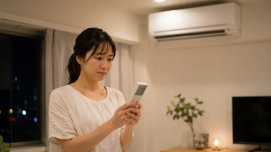 夜のリビングでエアコンのリモコンの設定を確認する女性