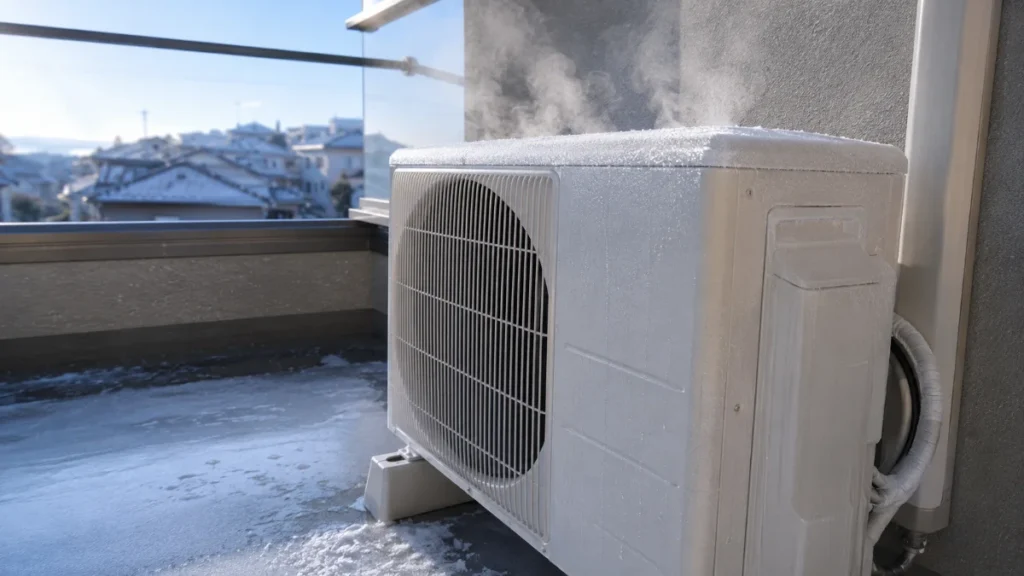 冬に霜取り運転で霜と湯気が出ているエアコンの室外機