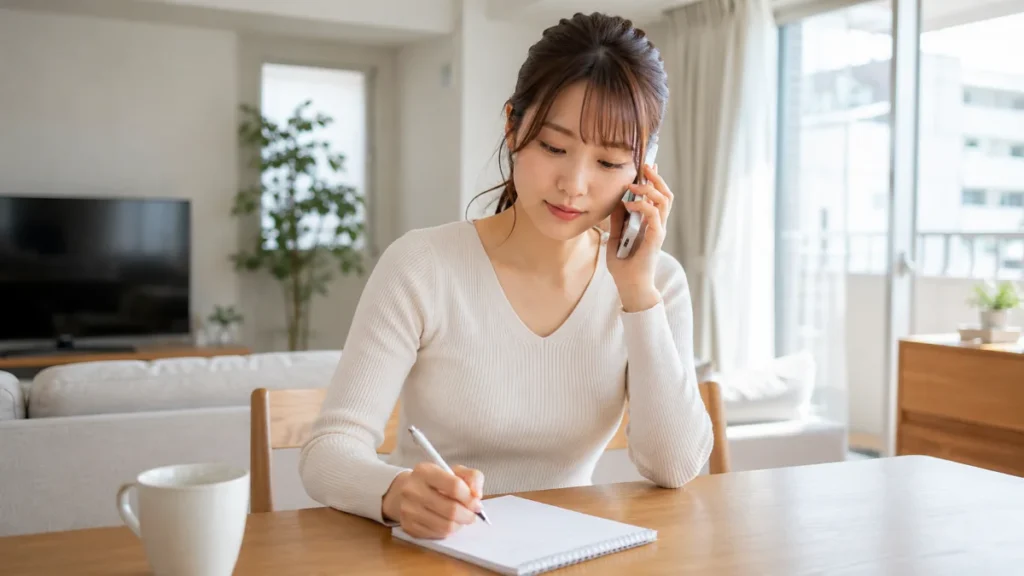 管理会社に電話しながら症状をメモに書き留める女性