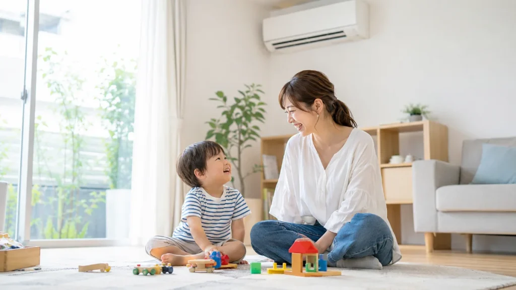 エアコンの風が戻り涼しいリビングで子どもとくつろぐ母親