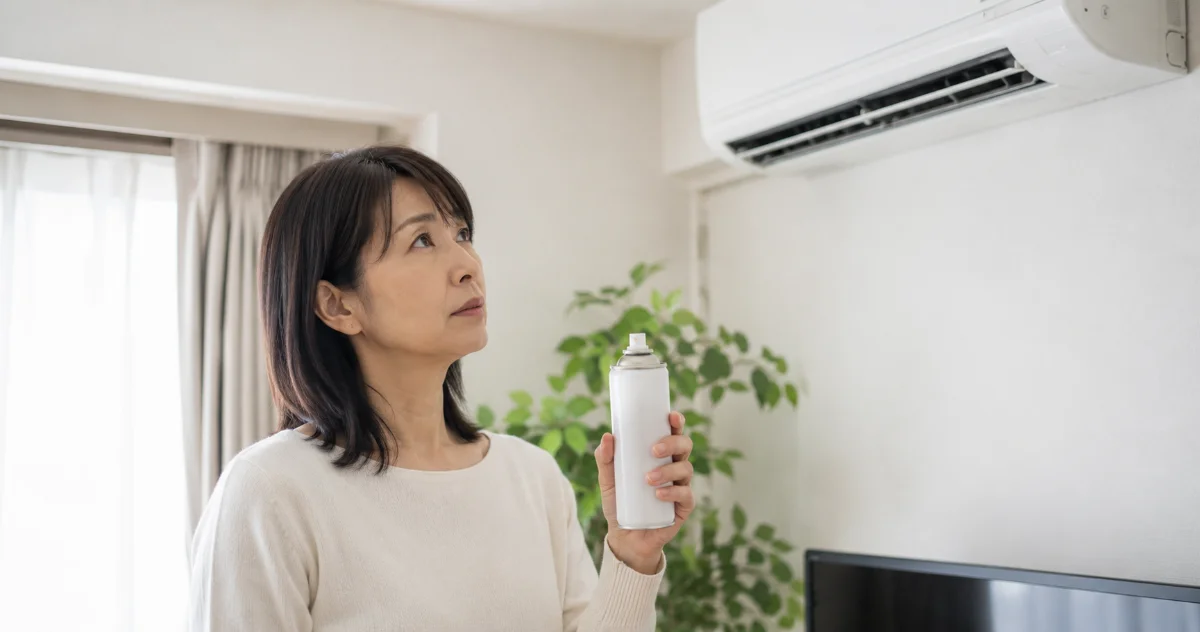 スプレー缶を手にエアコンの前で使ってよいか迷って手を止める女性