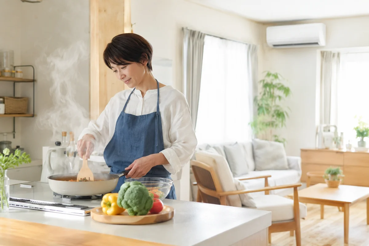 キッチンで調理中の湯気が立ちのぼり、奥のリビングのエアコンへ料理の臭いが届くイメージ