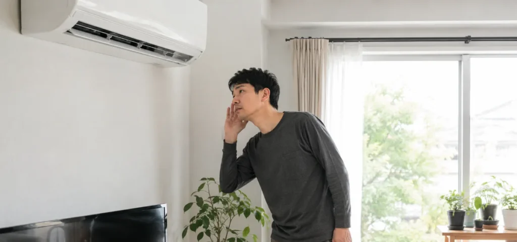 リビングでエアコンの近くに立ち、耳を澄ませて運転音を確かめる男性
