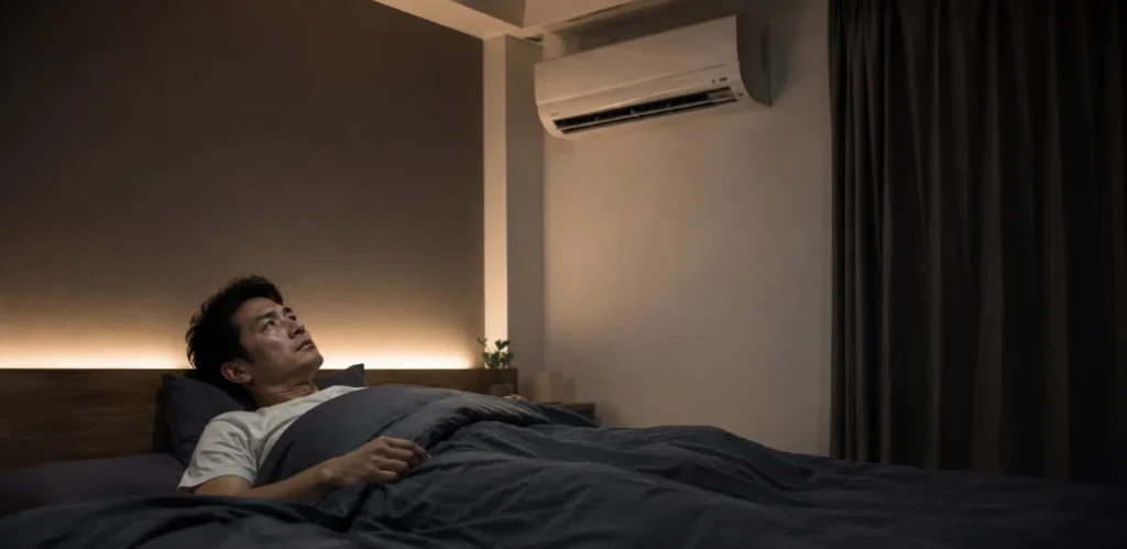 夜の寝室でベッドに横になったまま、エアコンの音を気にして見上げる男性