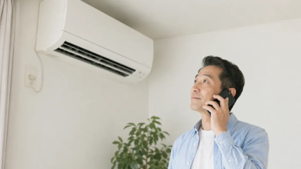 スマートフォンで修理の相談電話をしながらエアコンを見上げる男性