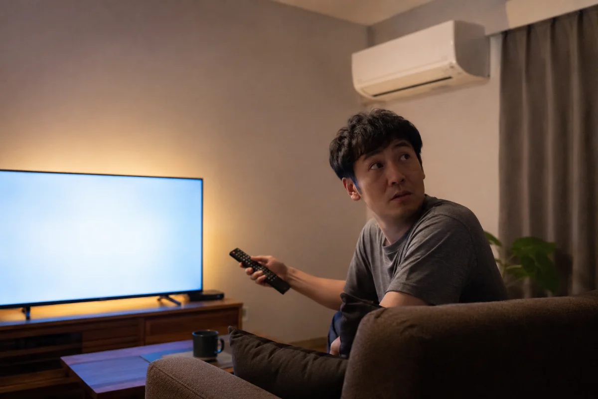 夜のリビングでテレビを見ながら、エアコンの運転音の大きさが気になって振り向く男性