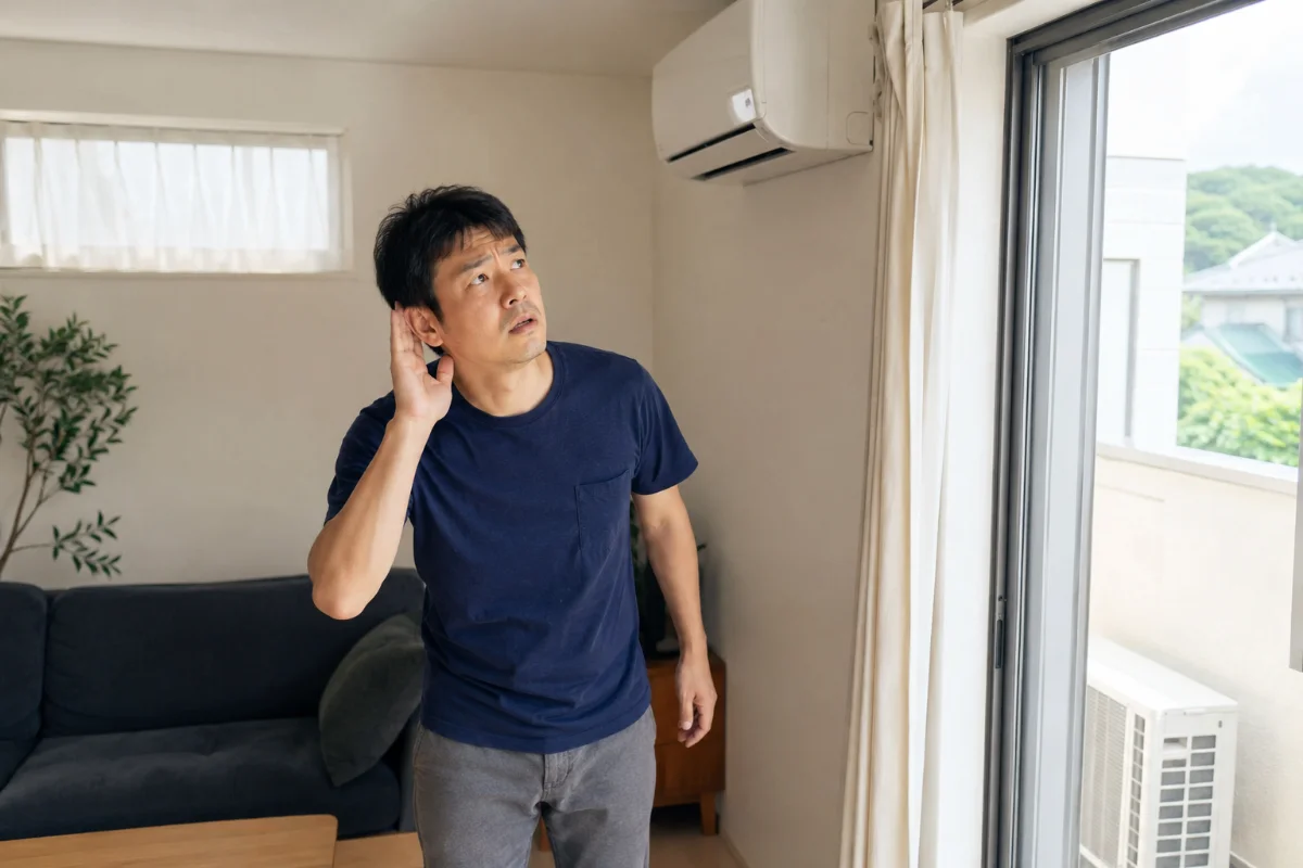 エアコンと室外機の方向を見ながら、耳に手を当てて音の出どころを探す男性