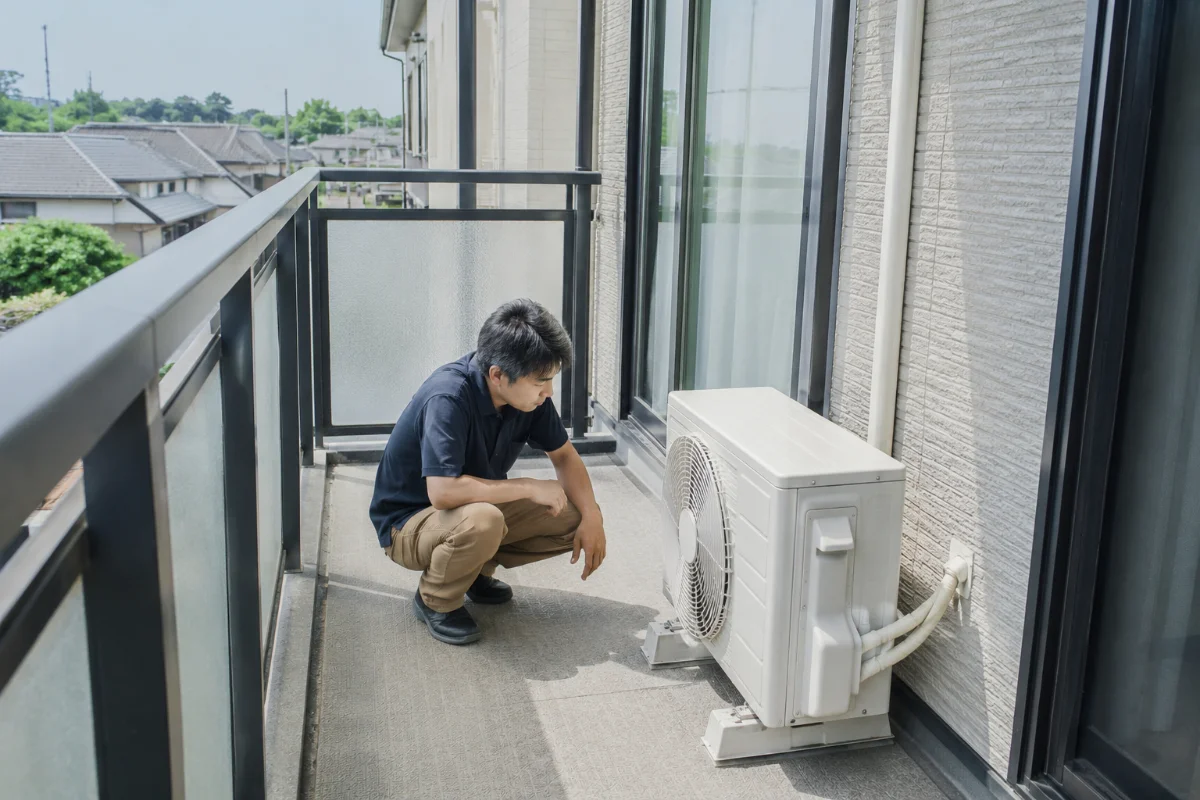 ベランダで少し離れた位置からしゃがんで、エアコンの室外機を触らずに目視点検する男性