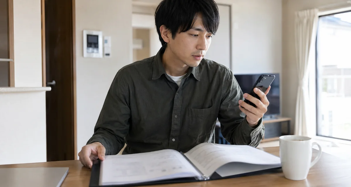 賃貸の契約書類を確認しながら、スマートフォンで管理会社へ連絡する準備をする男性