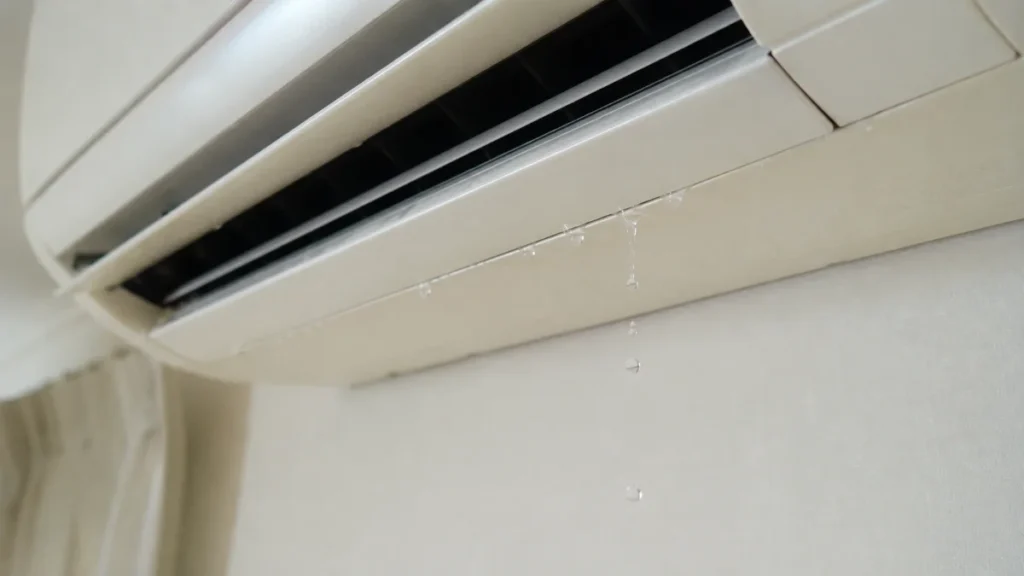 エアコン室内機から水滴が垂れる水漏れの様子