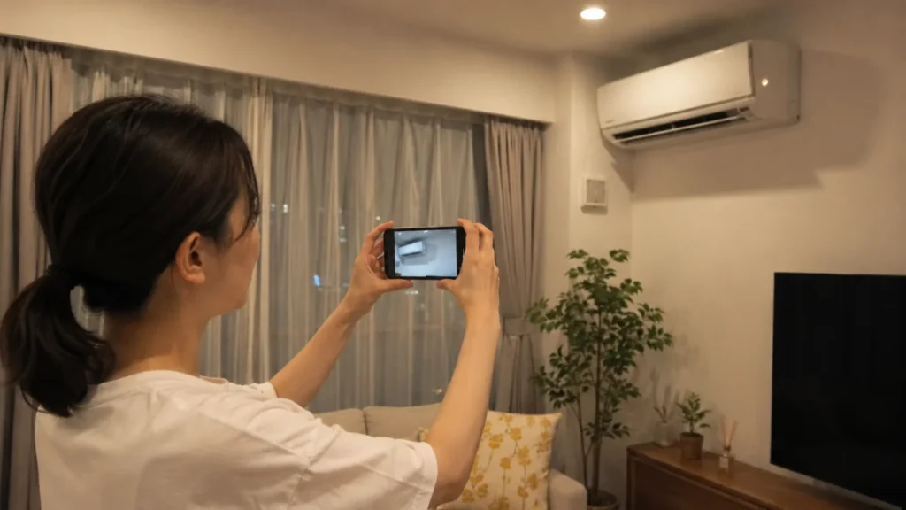 エアコンの白い煙の様子をスマートフォンで撮影して記録する女性