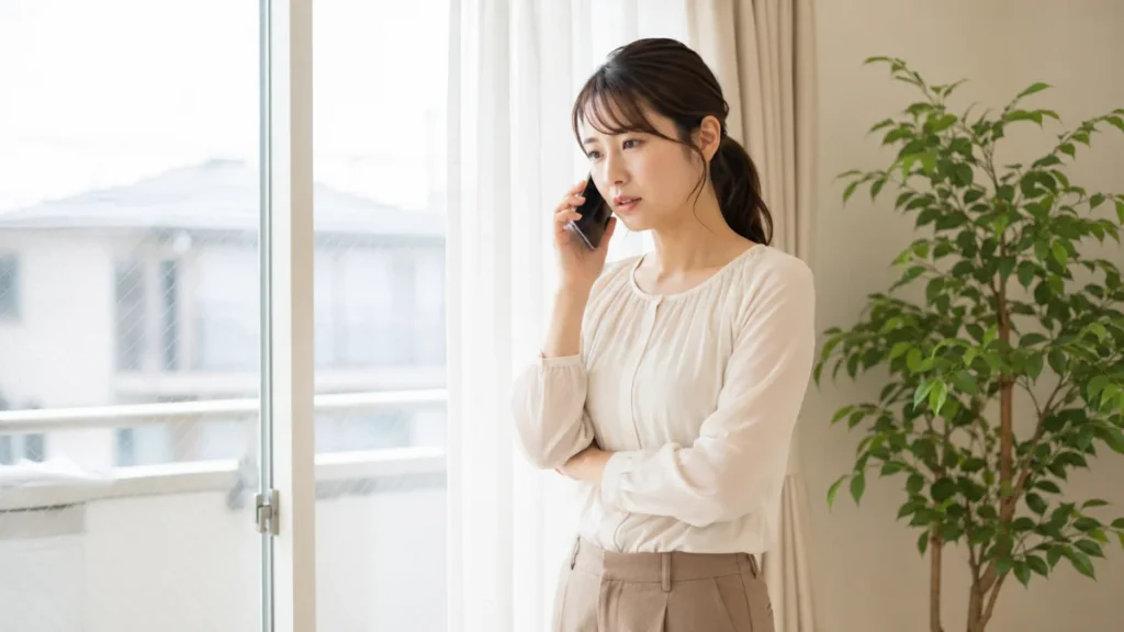 賃貸マンションで管理会社に電話して相談する女性