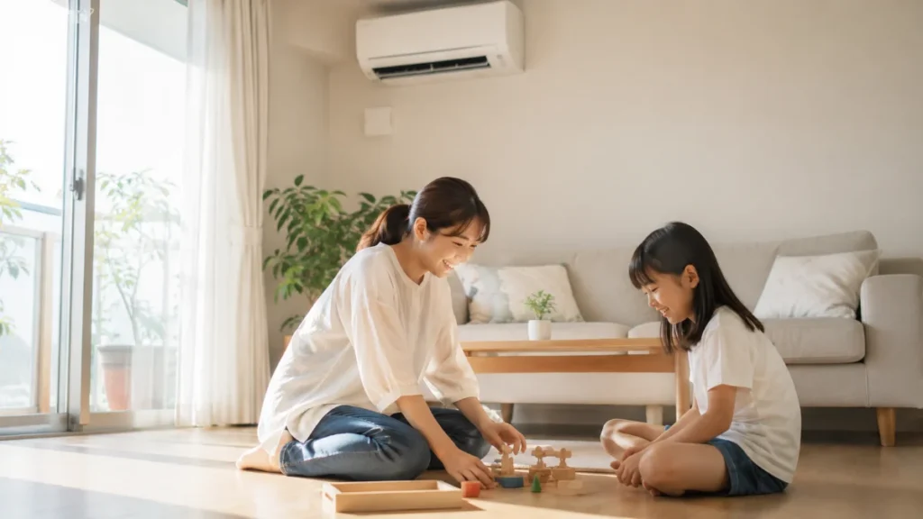 白い煙の不安が解消し安心してリビングで子どもと過ごす母親