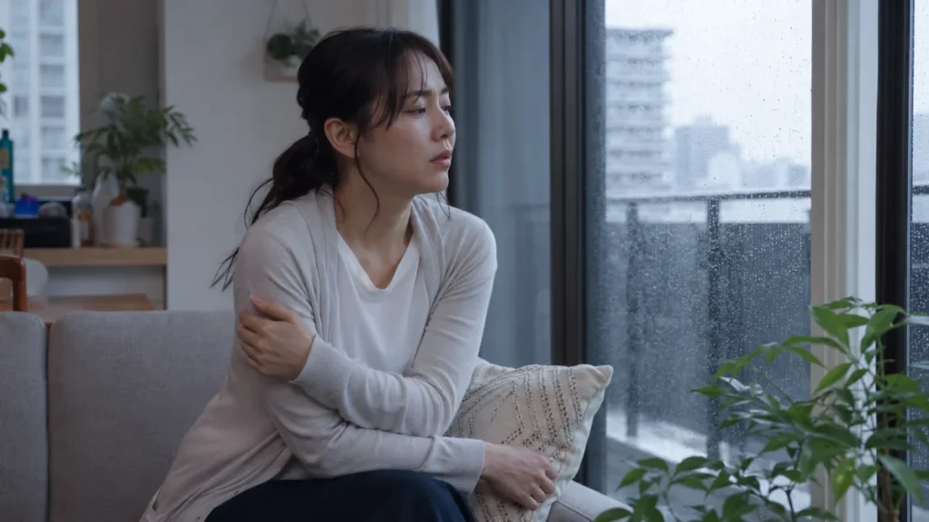 梅雨の除湿で部屋が寒くなり肌寒そうにする女性