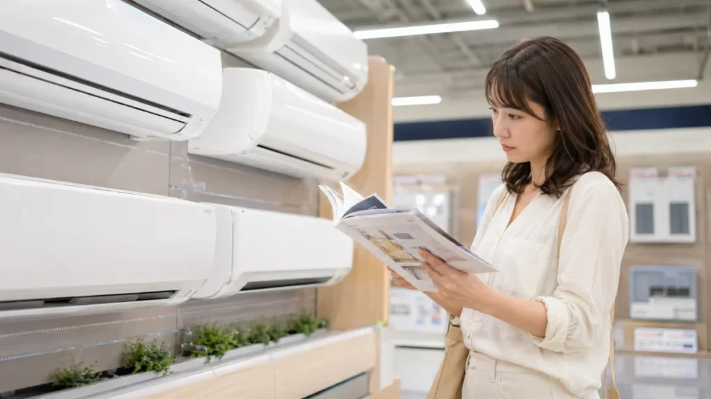 家電量販店でエアコンのカタログを見比べて検討する女性