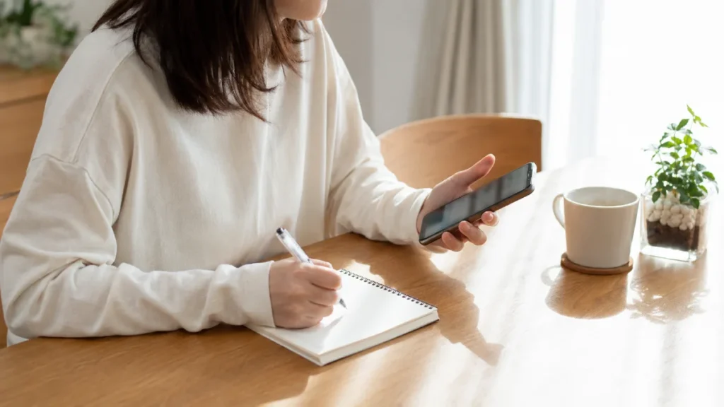 スマホで価格を比較しながらメモを取り機種を検討する様子