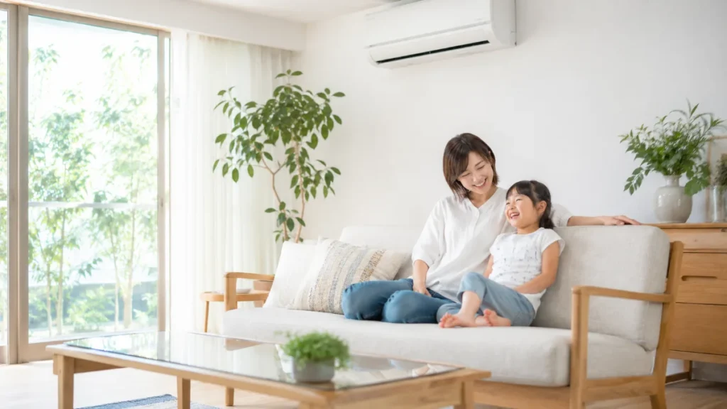 梅雨明けの明るいリビングで快適に過ごす親子