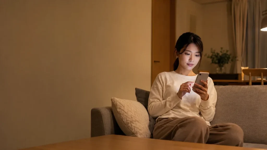 夜、ソファでスマートフォンを見ながらエアコンを検討する女性