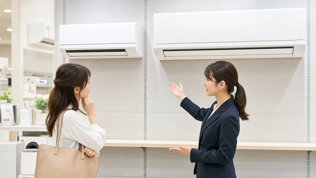 大きさの異なるエアコンを店頭で比較する女性と販売員