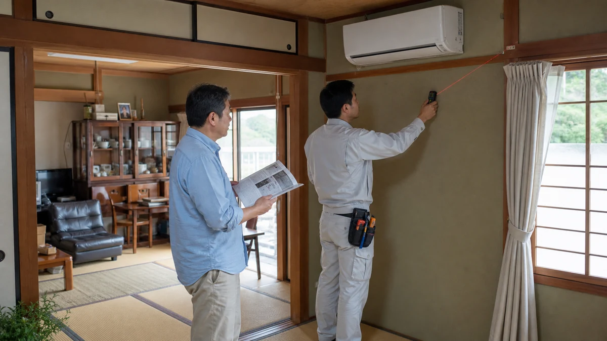 築40年の木造住宅でエアコン設置前に部屋を測る施工業者と家主