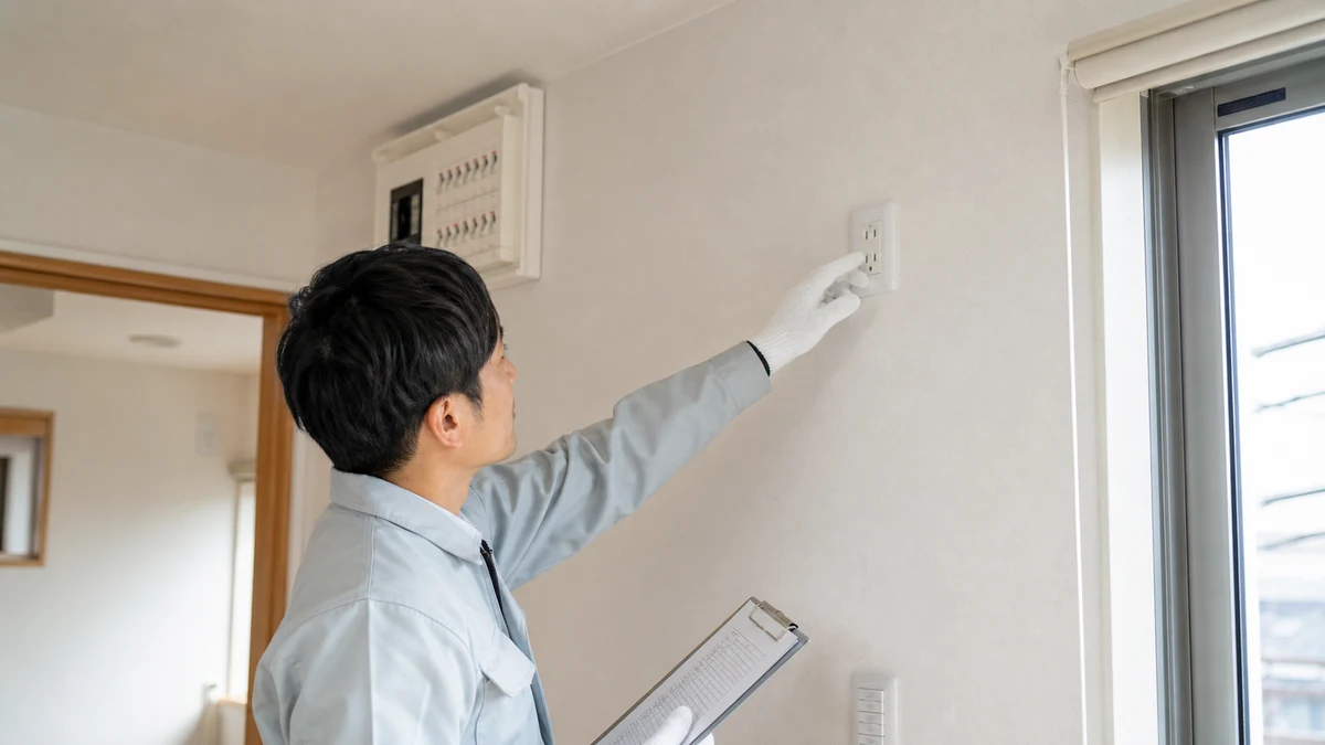 エアコン設置前に専用コンセントと分電盤を確認する施工業者