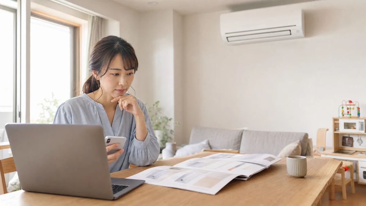 エアコンの除湿機能や電気代をパソコンとカタログで比較する女性