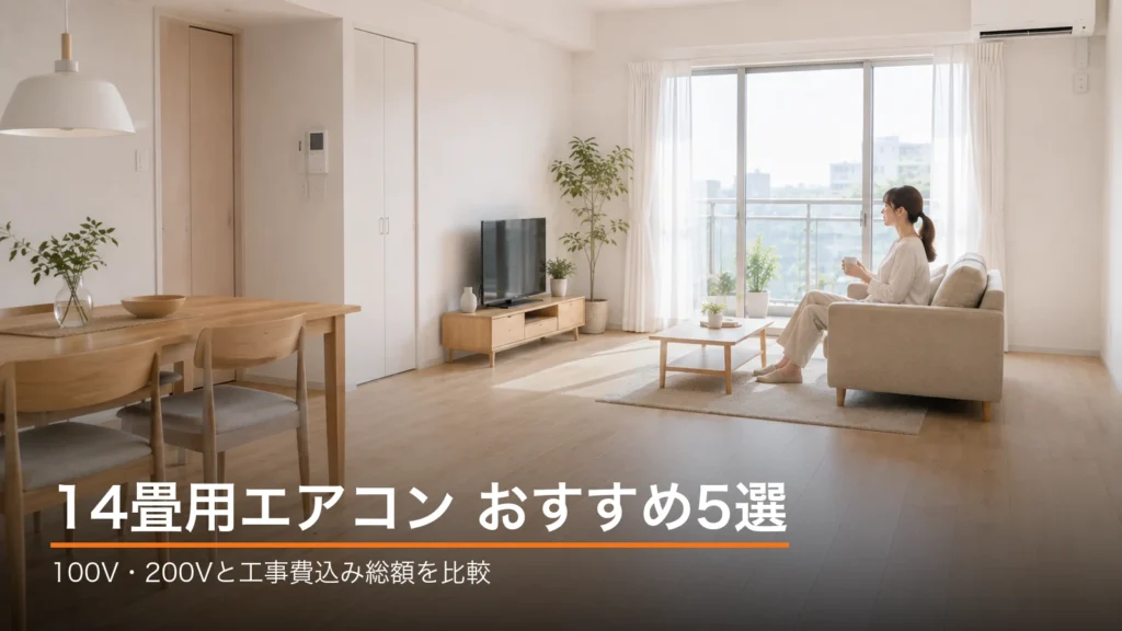 14畳のマンションのLDKで女性がソファでくつろぐ様子と、14畳用エアコンおすすめ5選という記事タイトル